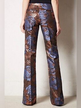 Leifsdottir Brocade Floral Pants Size 2 Blue Copper Metallic Jacquard Wide Leg